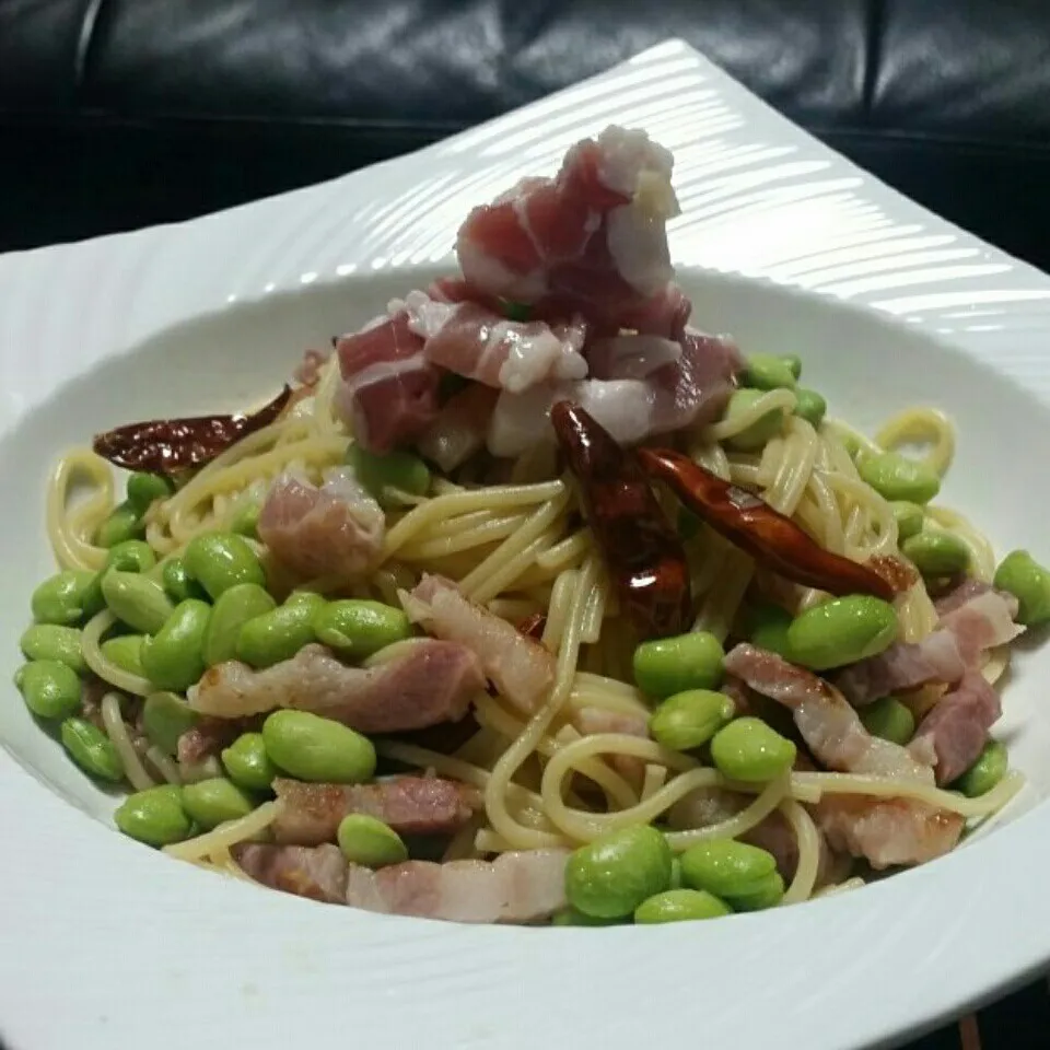 Snapdishの料理写真:一昨日のパンチェッタと枝豆のパスタ♪(^o^ゞ|dai.noriさん