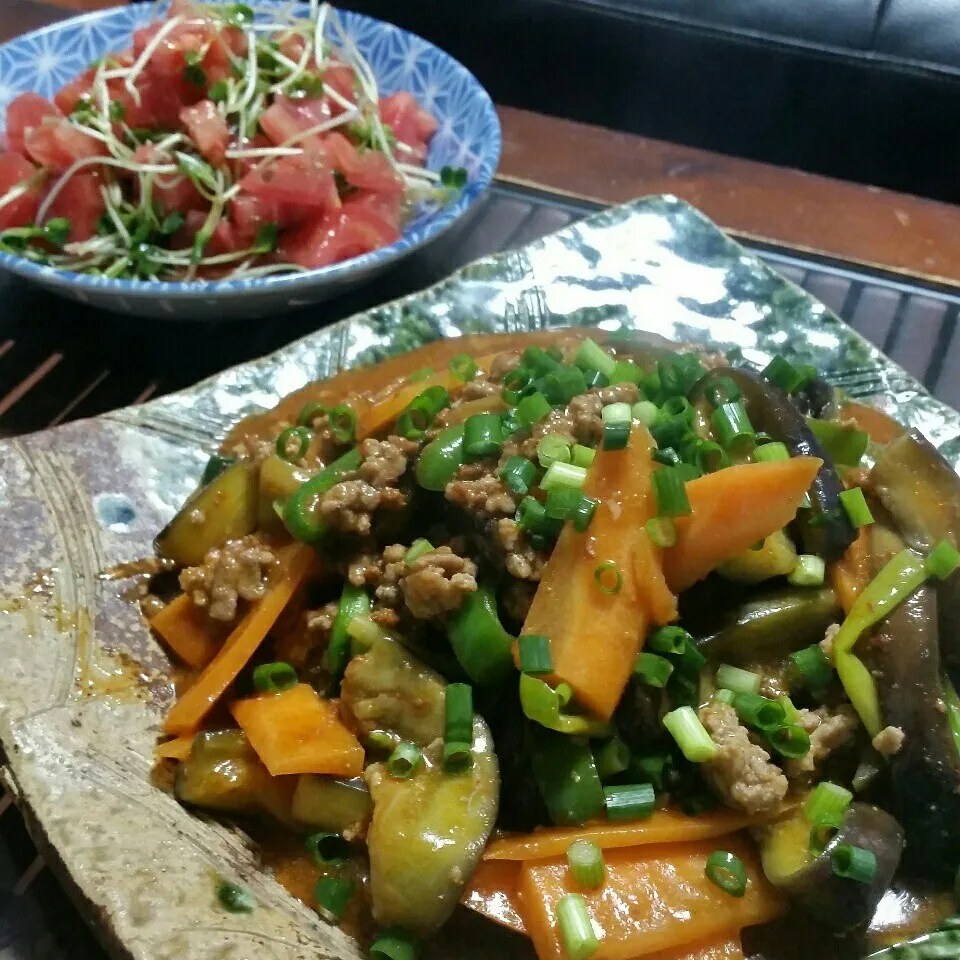 Snapdishの料理写真:今日の夜ご飯は麻婆茄子とトマト🍅と貝割れのサラダ♪|dai.noriさん