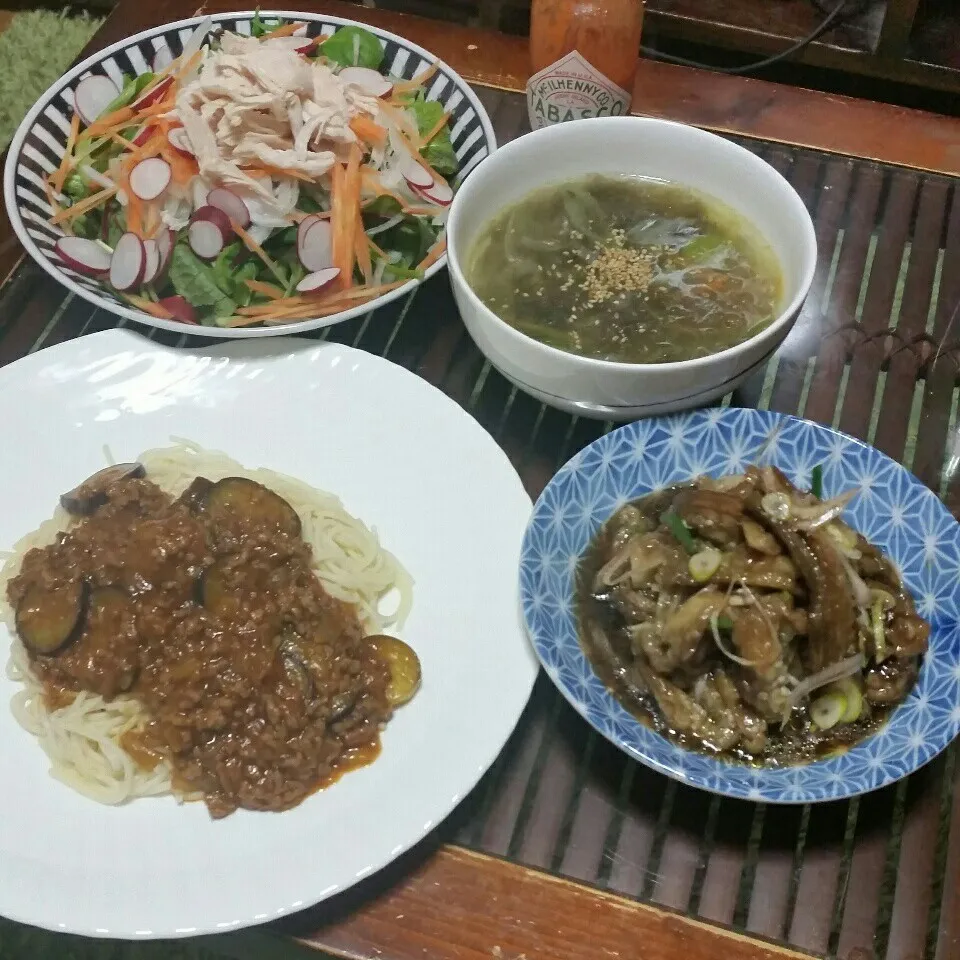 夜ご飯♪糖質0麺パスタとナスのバルサミコ和えとササミサラダ♪|dai.noriさん