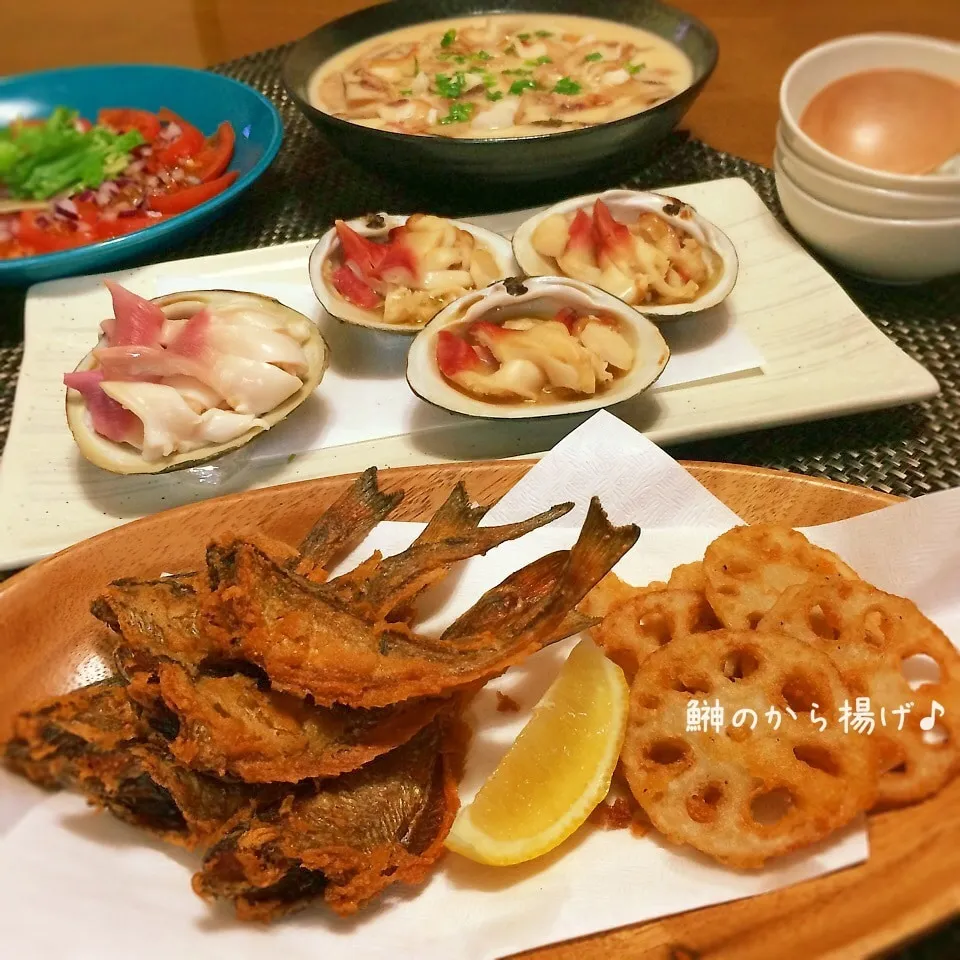 鰰のから揚げ、ホッキ貝刺身、バター焼き、茶碗蒸し♪|かおちゃんさん