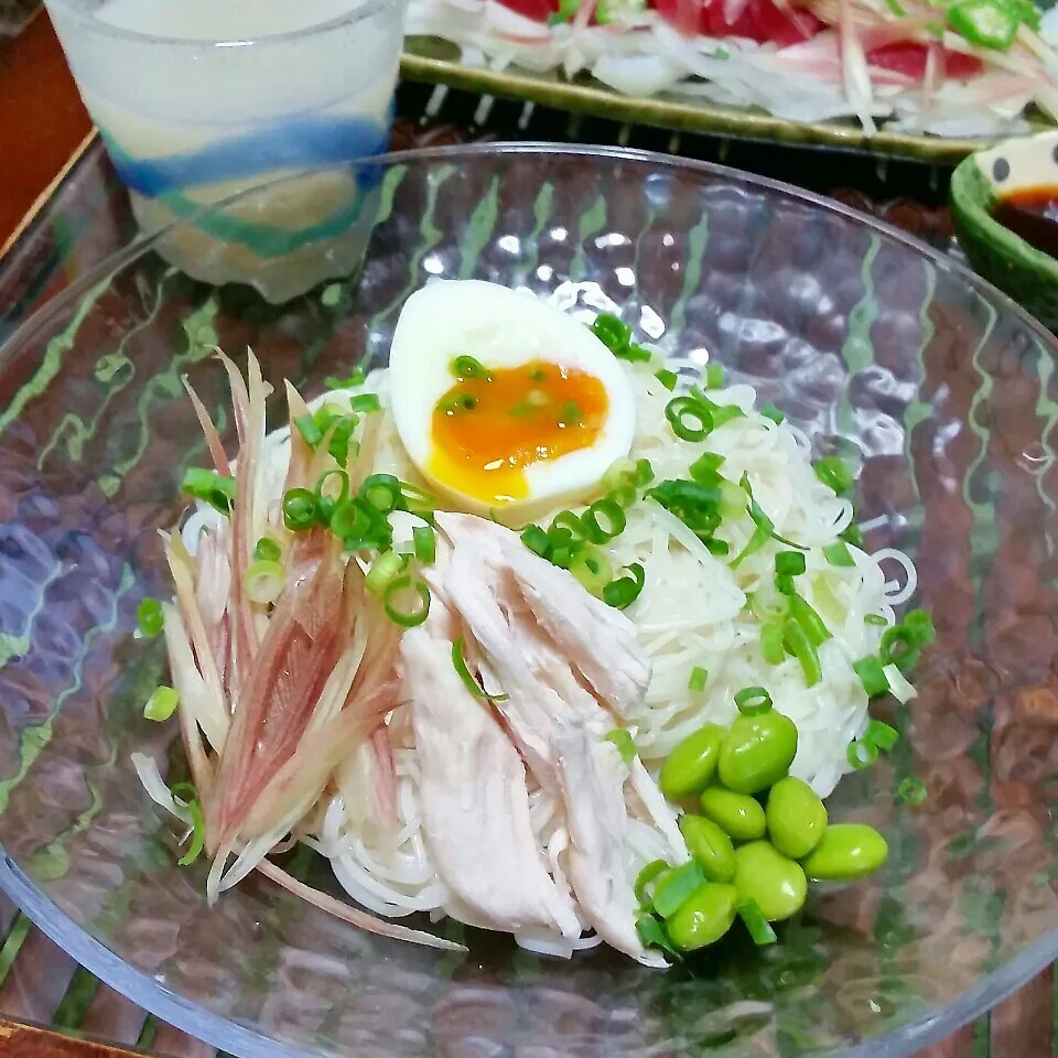 Snapdishの料理写真:もう1品は、鶏塩つけ汁の素麺♪(^o^)/|dai.noriさん