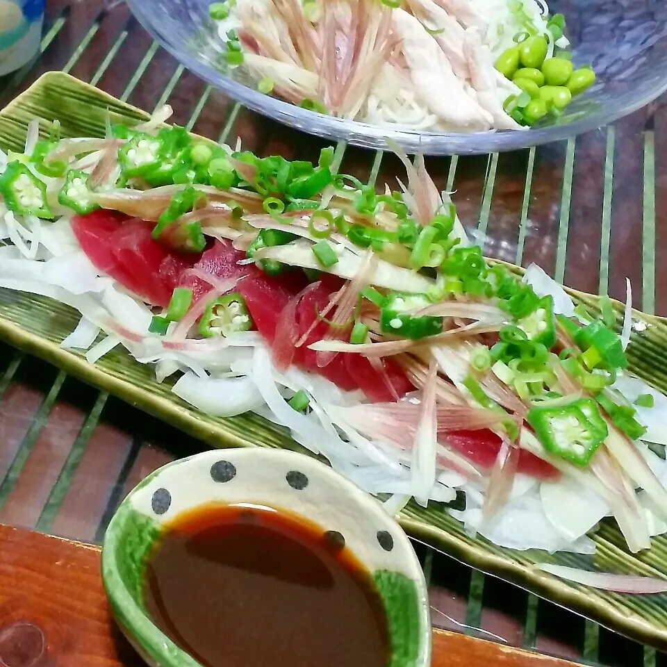 遅夜ご飯♪鮪とミョウガとオクラと玉ねぎの山葵ポン酢醤油🌠|dai.noriさん