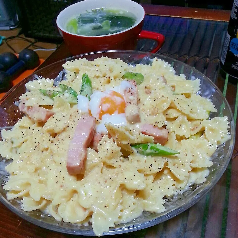 昨日の夜ご飯～♪カルボナーラと卵白身とネギワカメスープ|dai.noriさん