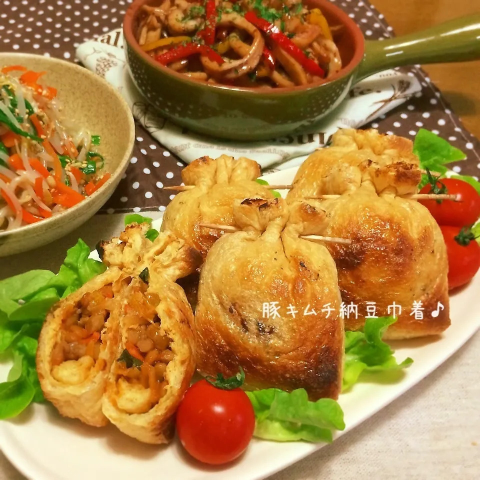 Snapdishの料理写真:豚キムチ納豆巾着♪|かおちゃんさん