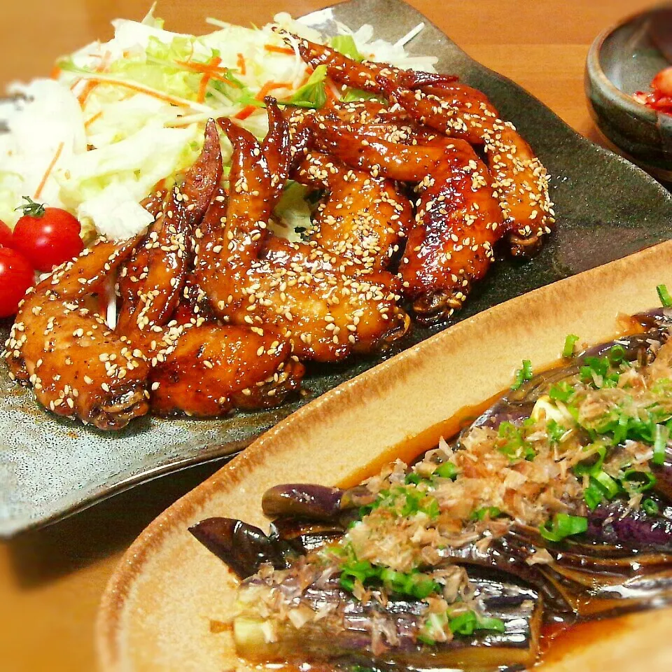 ゴマたっぷり甘辛鶏手羽～焼き茄子♪|かおちゃんさん