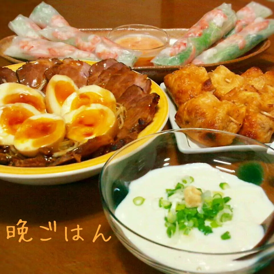 Snapdishの料理写真:まじ姉さんの手製豆腐～生春巻きとチャーシューと揚げ納豆♪  |かおちゃんさん