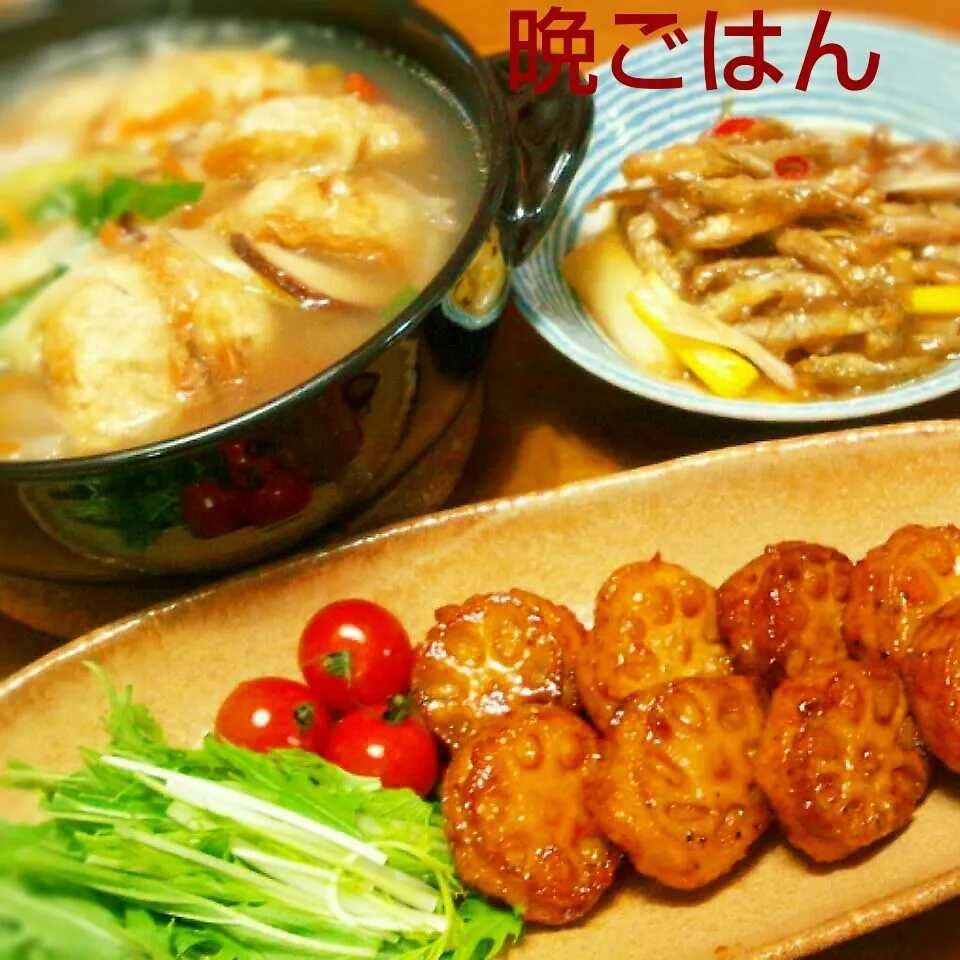 蓮根挟み揚げ～春雨と揚げ餃子のスープ、ワカサギの南蛮漬け♪|かおちゃんさん