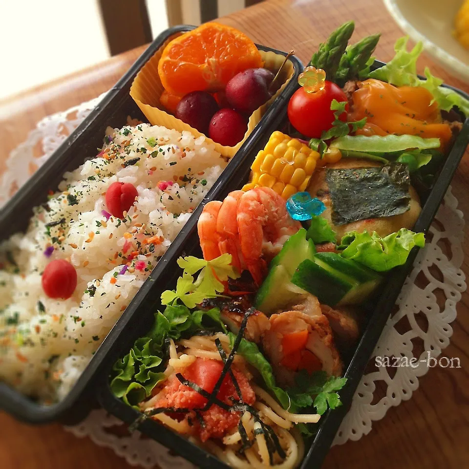 高校弁当。タラコスパ、じゃが芋おやき風|サザエボンさん