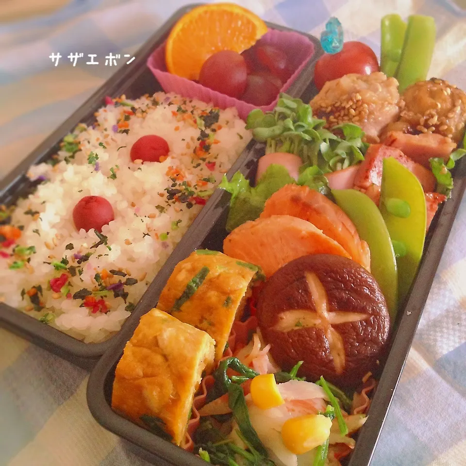 高校弁当。ごぼう天と豚肉の照焼き、ガーリック椎茸|サザエボンさん