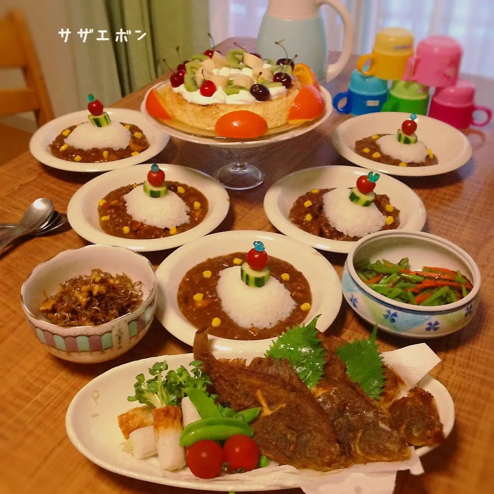 カレー＆カレイな夕飯。ジャンボプリンアラモード付き|サザエボンさん