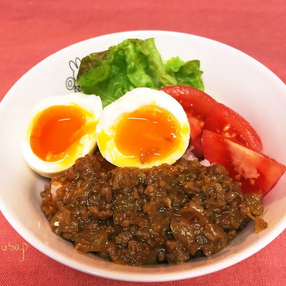 Snapdishの料理写真:カレー風味の肉味噌丼|うさピーさん