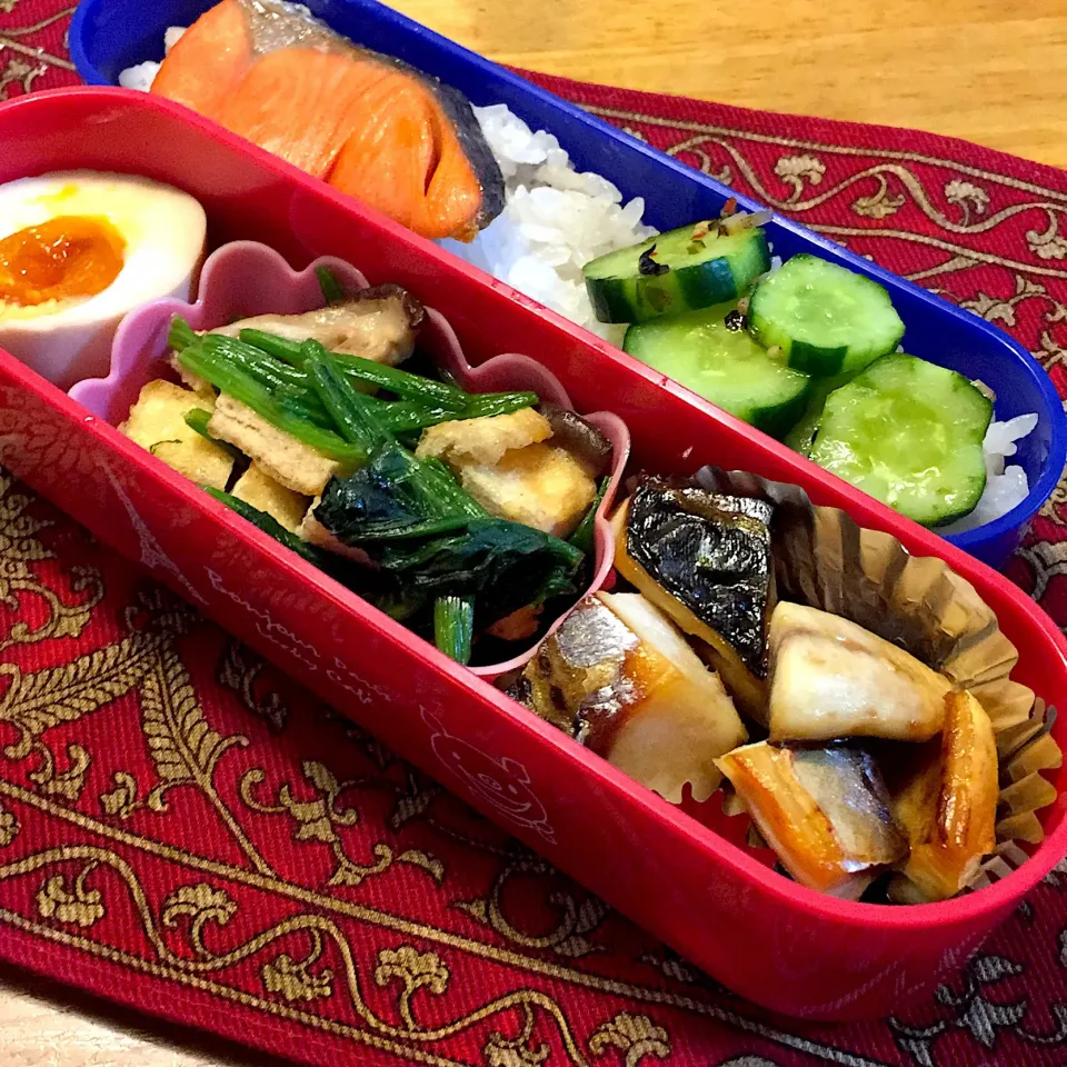 Snapdishの料理写真:塩鯖と、ほうれん草と揚げの煮浸しと、煮卵と、焼き鮭弁当|もえさん