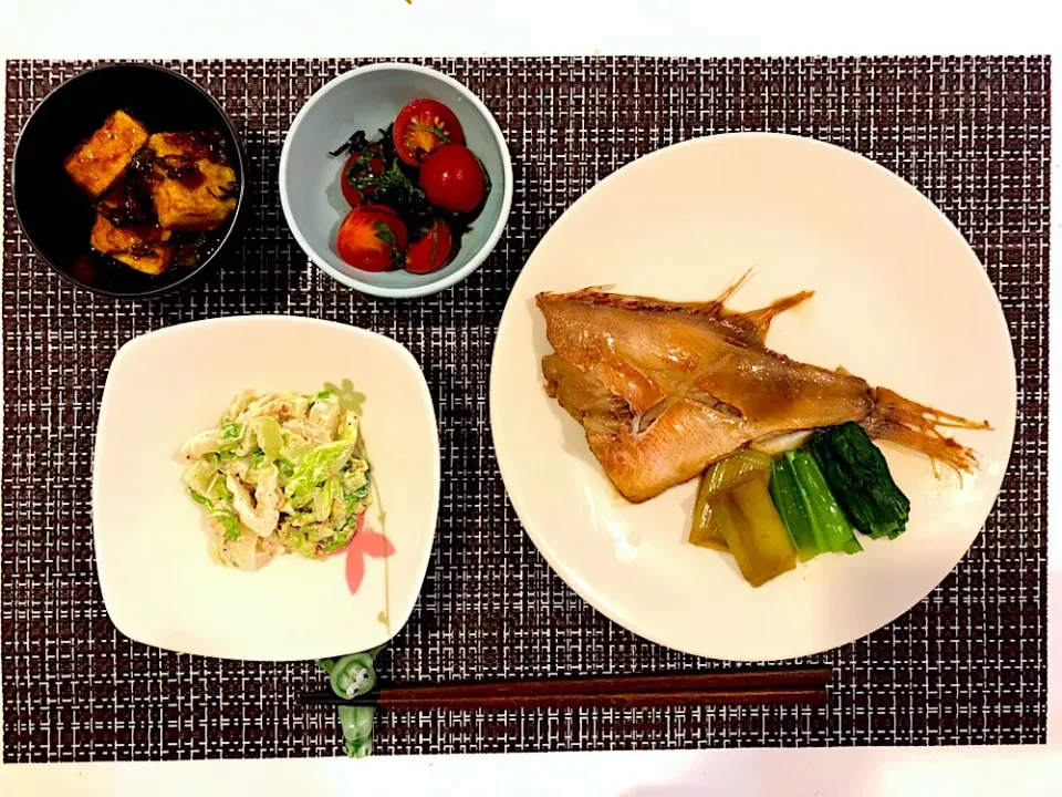 Snapdishの料理写真:#赤魚の粕漬け 
#赤魚の粕漬け煮付け
#プチトマトのしそ塩昆布和え
 #豆腐の甘辛炒め 
 #白菜のサラダ|ゆぺこさん