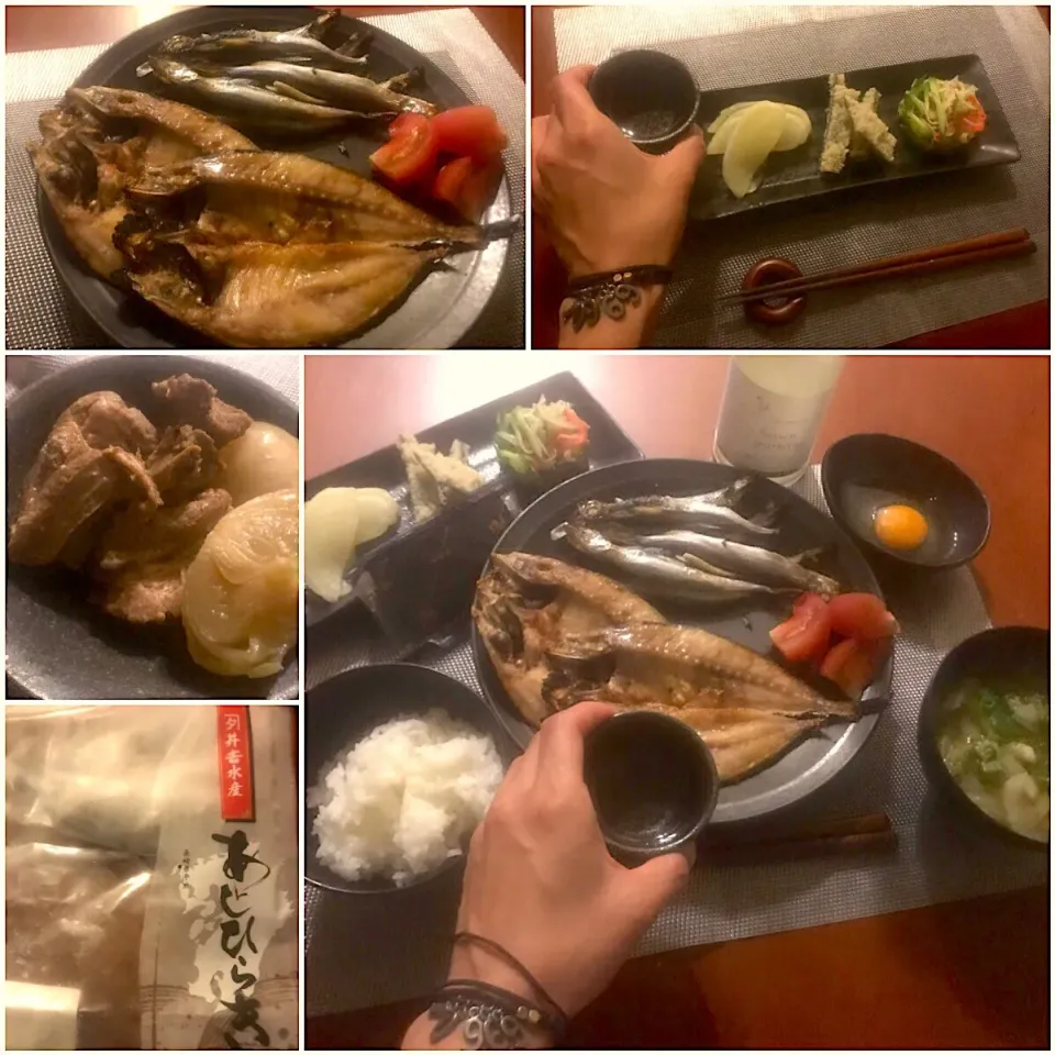 Today's Dinner🍴前菜･鯵の干物&子持ちししゃも･白菜とｵｸﾗのお味噌汁･新米･生卵&味付け海苔･ｽﾍﾟｱﾘﾌﾞの煮込み|🌈Ami🍻さん