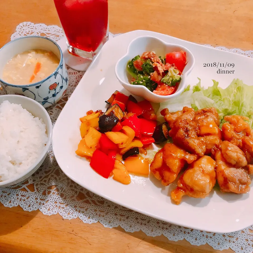 Snapdishの料理写真:きょうの夜ごはん#KALDI#オレンジチキン#エスニック#多国籍プレート#ふたりごはん|ゆかｕさん