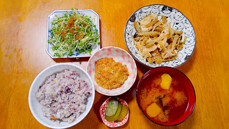 １１月７日　豚肉とごぼうのゴマ酢和え　サラダ　納豆　お漬物　お味噌汁|いもこ。さん