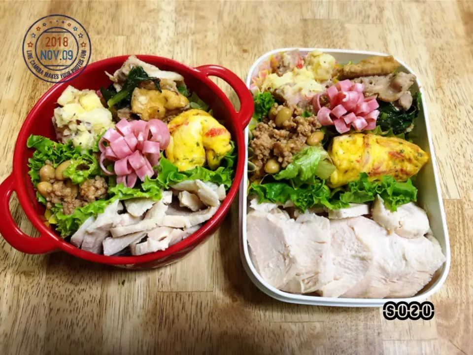 今日もまた、糖質オフ弁当！！
ご飯の代わりに、サラダチキン🐓
炭水化物は少ないけど、こんだけ、チキン食べればおなかいっぱいになるだろうね😊
昨日美味しかったみたいだから、今日も糖質オフのうどん麺でスープ！！
デザートはキウイ🥝とオレンジ🍊！！
 #手作り弁当   #jkおべんとう   #2人分   #高校生活   #部|suzuさん