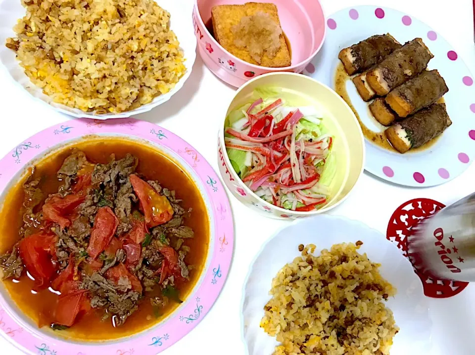 厚揚げの牛肉巻き🍖
トマトと牛肉の和風炒め🍅
納豆チャーハン🍚|ピロリさん