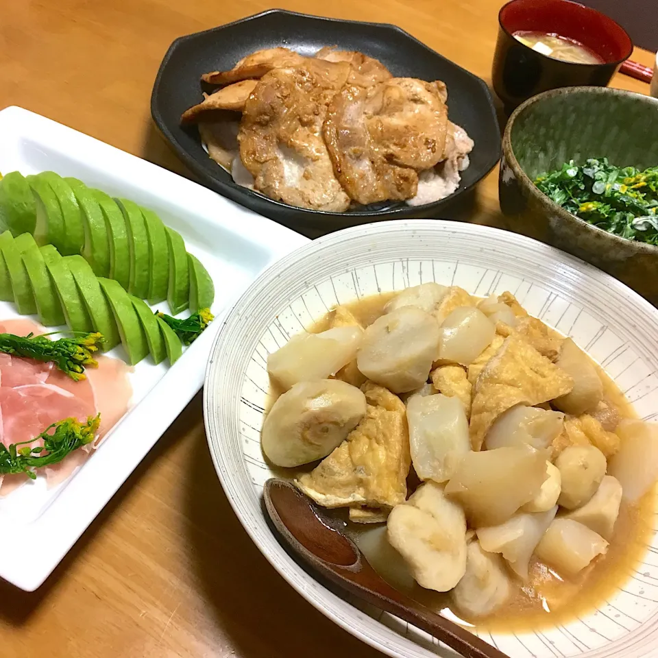 おばんざい  #里芋の煮物  #アボカドと生ハムのサラダ #アスパラ菜のからしマヨ和え #豚の塩麹焼き                          2018.11.9|Yu Yu mamaさん