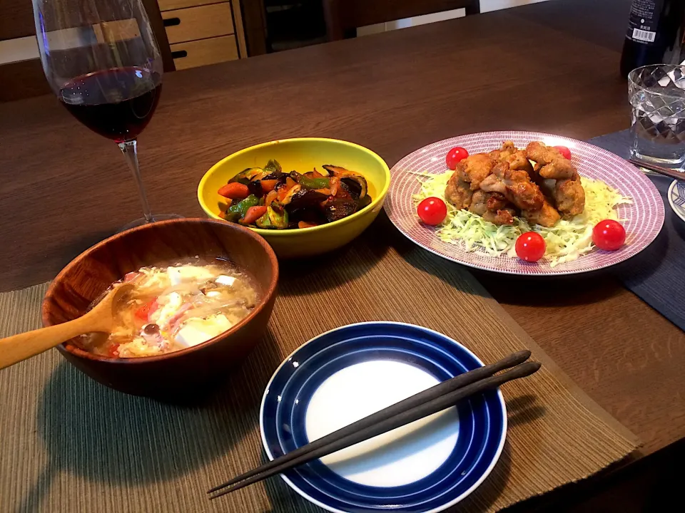 唐揚げ
野菜のナポリタン味
えのきとプチトマトのスープ|モスグリーンさん