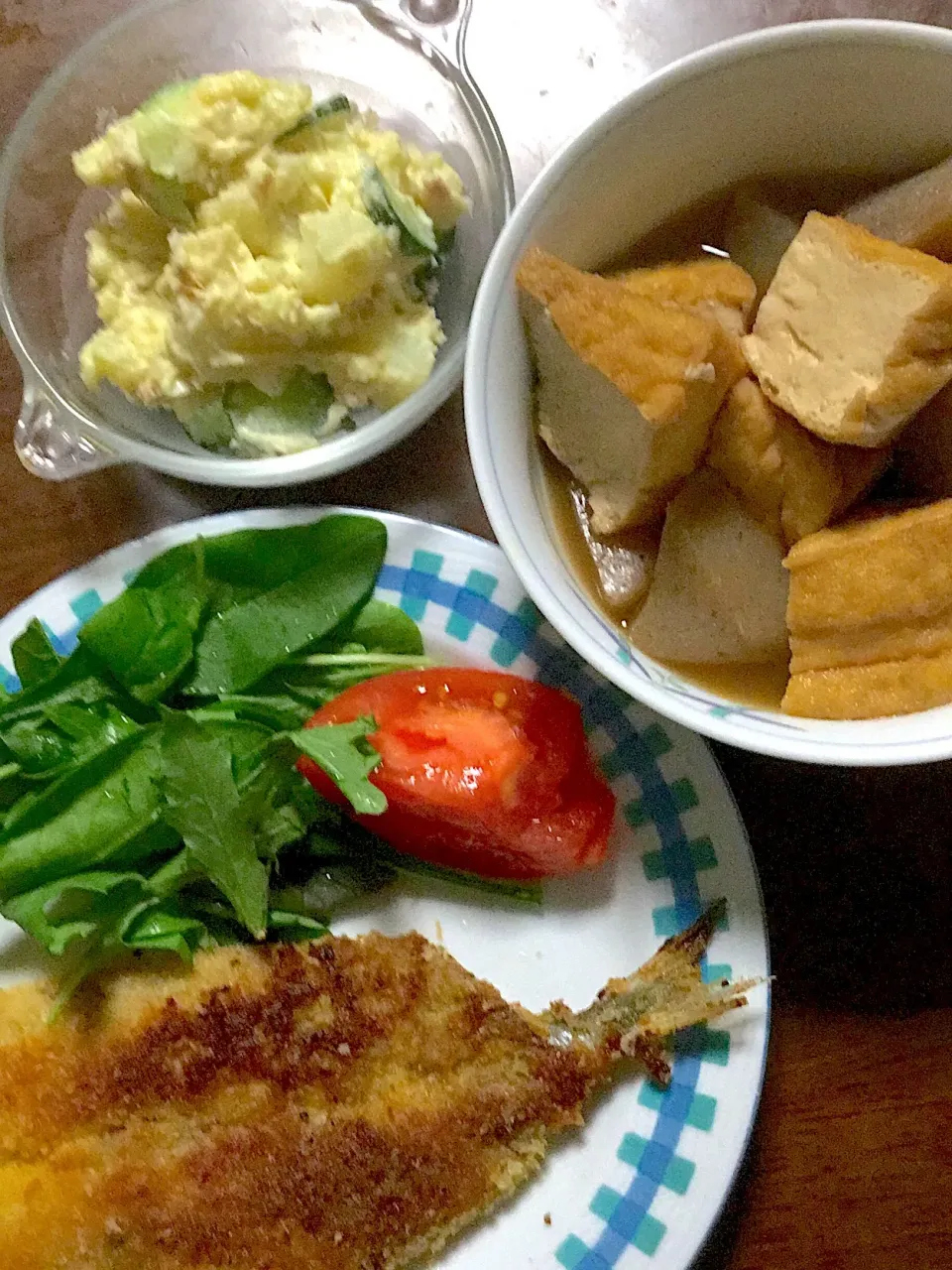 鰯のパン粉焼き    厚揚げと蒟蒻の煮物    ポテトサラダ|掛谷節子さん