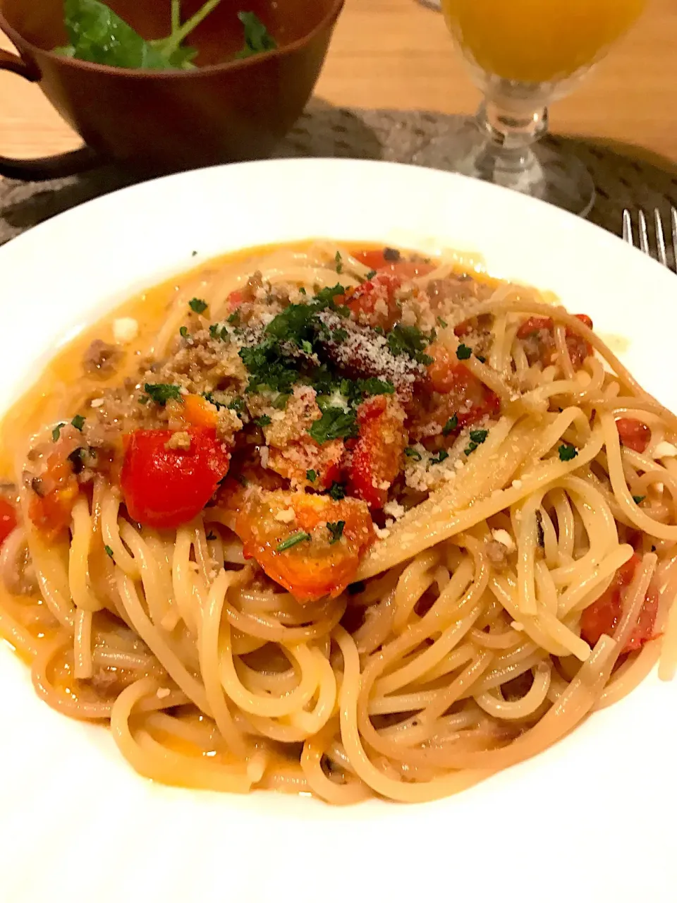 Snapdishの料理写真:#ミートソースでトマト🍅クリームスパゲッティ🍝😆|keitanさん