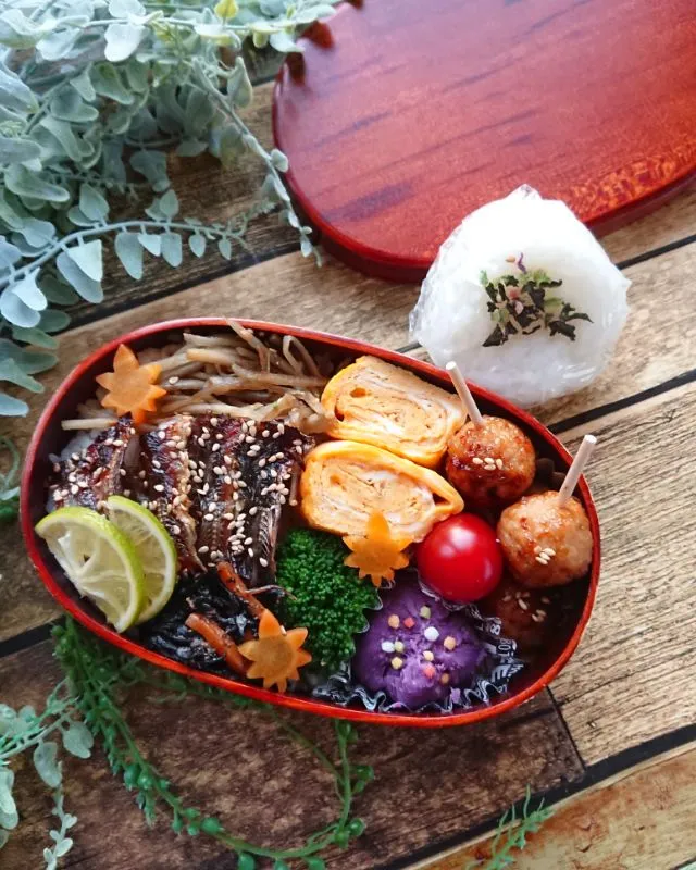 Snapdishの料理写真:娘弁当☺️  鳥つくね  みりん干し  ゴボウの金平  ひじきの煮物  玉子焼き  紫いもの茶巾|e  satoさん