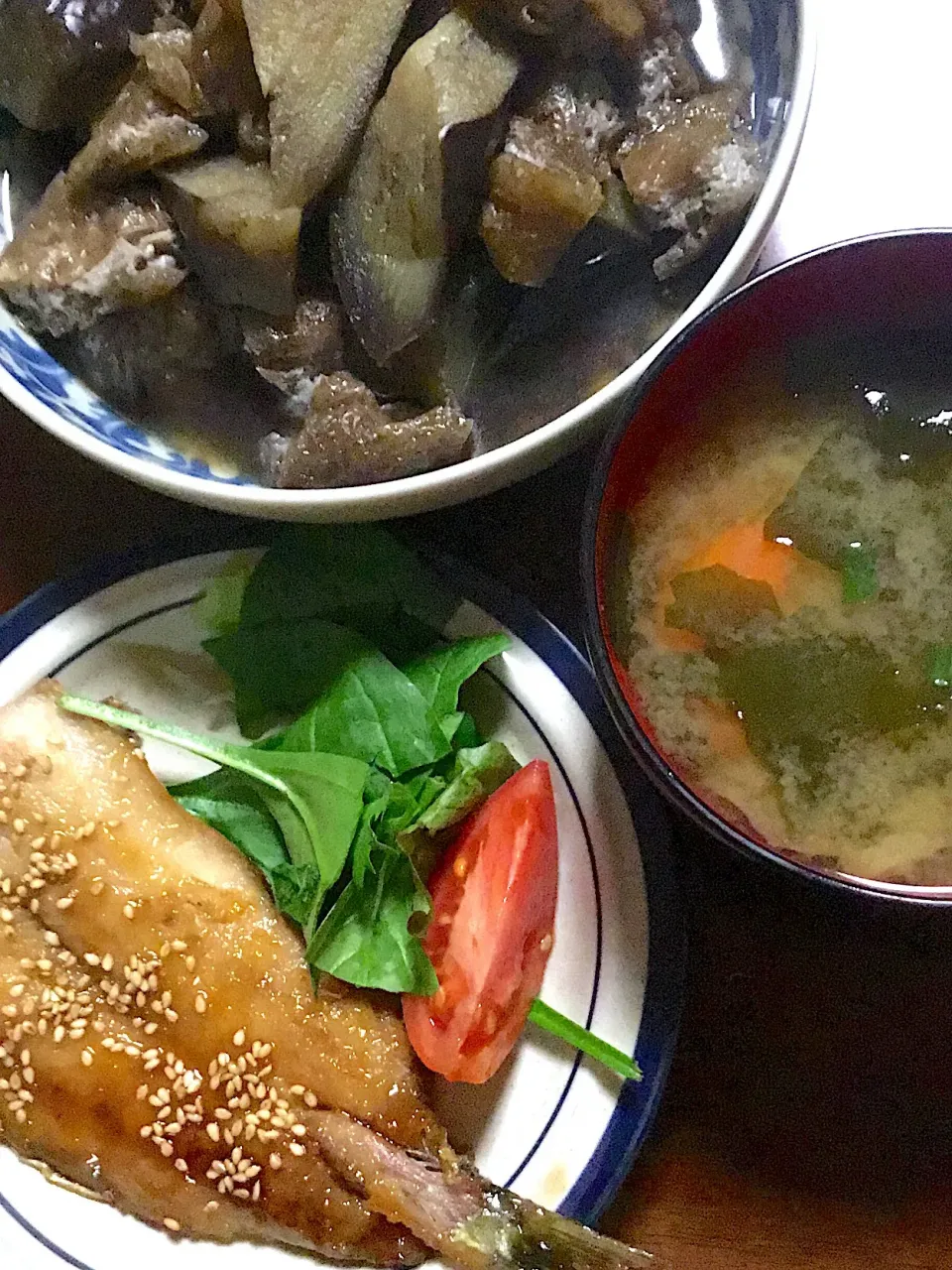 鰯の蒲焼き   茄子🍆と揚げの煮物   味噌汁|掛谷節子さん