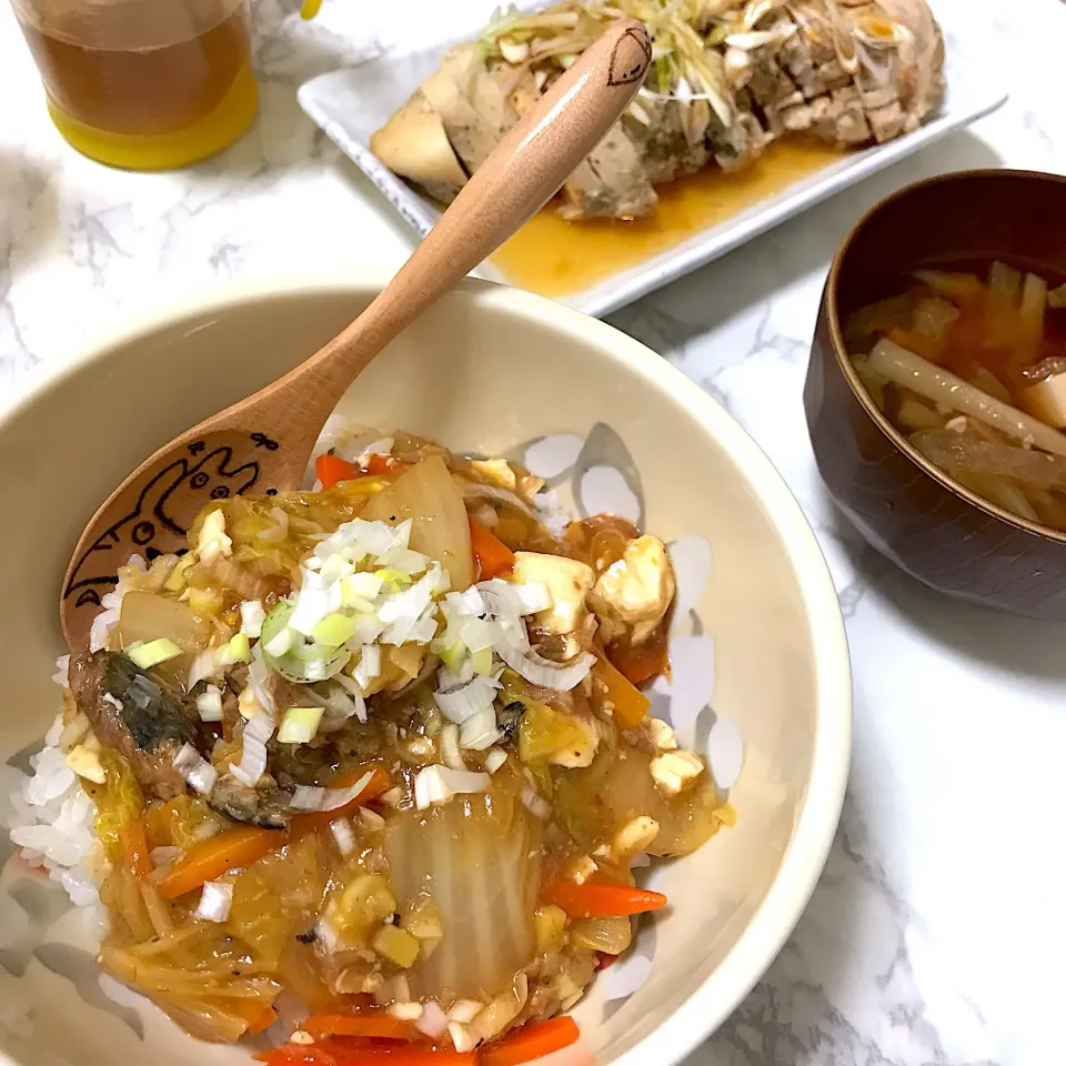 麻婆鯖缶&鶏ハム＆味噌汁|sayuri*さん