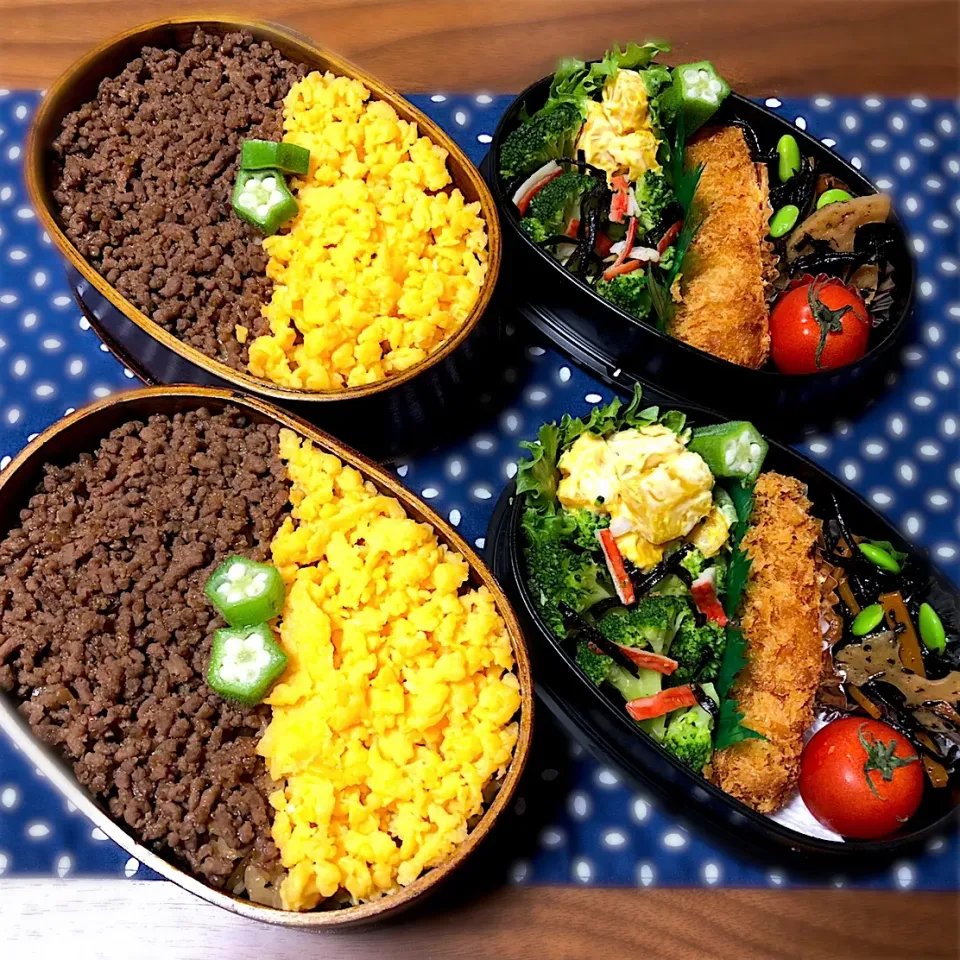 Snapdishの料理写真:✳️二色丼✳️ブロッコリーとカニカマの塩昆布和え✳️カボチャサラダ✳️エビフライ✳️ひじき煮|ハナさん