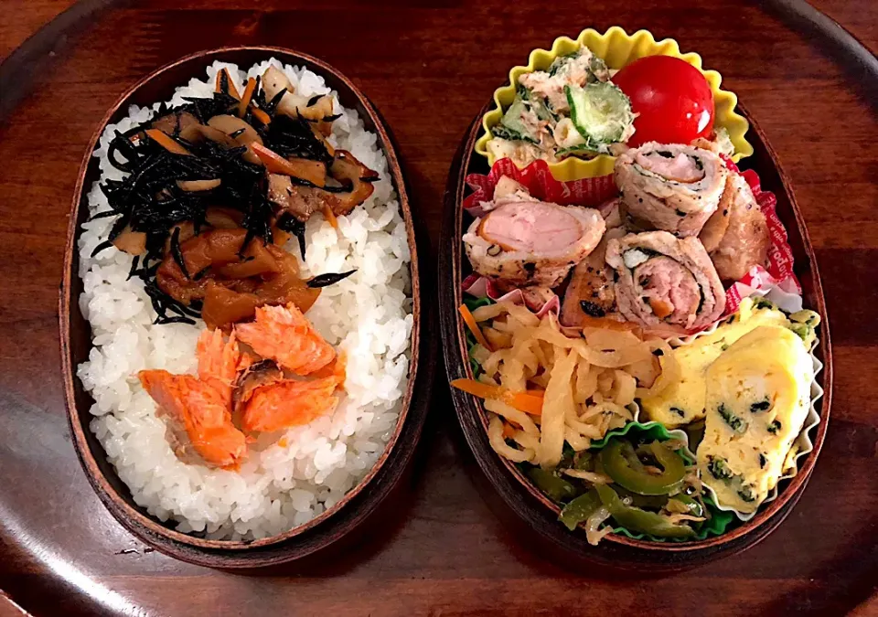 本日もお弁当🍱ウインナー大葉豚バラ巻き🥓マカロニきゅうりシーチキンサラダ🥗切り干し大根🌰ピーマンちりめん🥒ほうれん草入り玉子焼き🍳 #息子弁当  #わっぱ弁当  #ウインナー  #豚バラ  #大葉  #巻きまき弁当  #マカロニサラダ  #シーチキン  #きゅうり  #切り干し大根  #ちりめんじゃこ  #ピーマン  |Yukie  Toriseさん