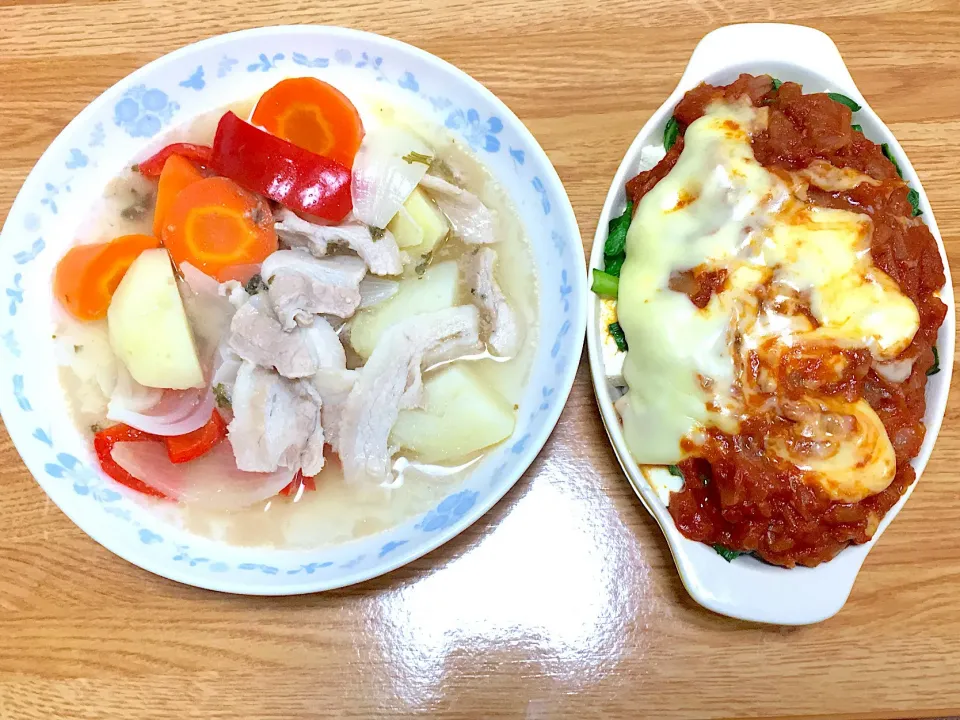 Snapdishの料理写真:白ワイン煮込みのポトフ   ヘルシーお豆腐グラタン|Reina Ishihataさん