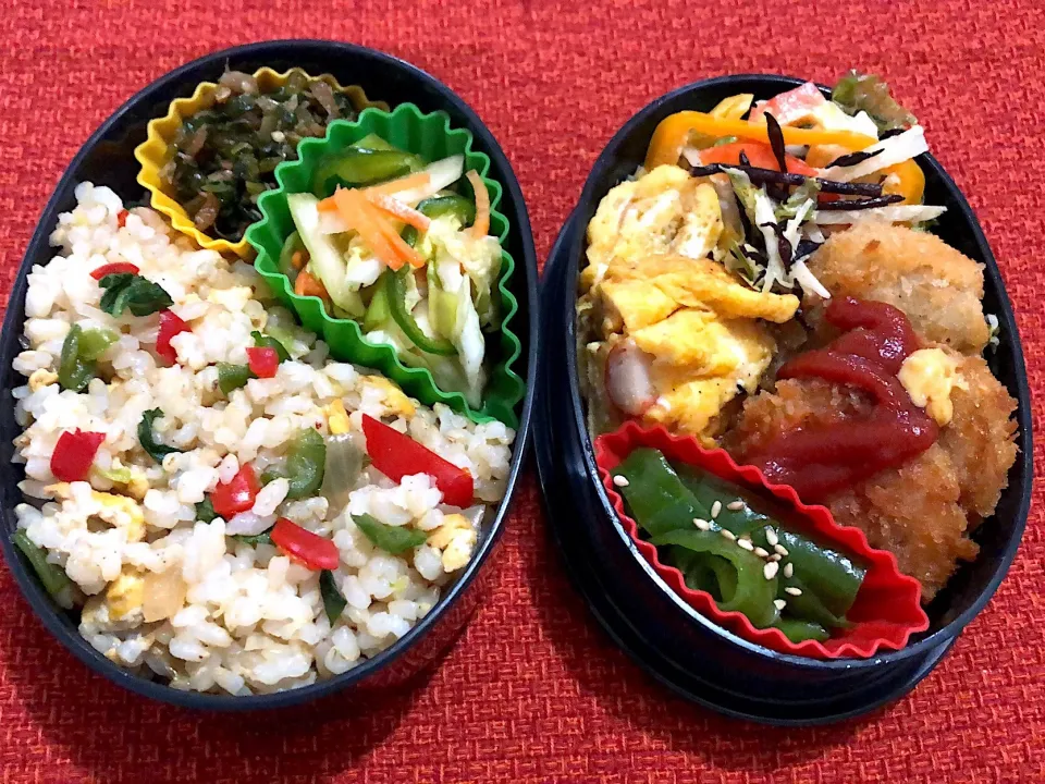 11／13昼食  #昼ごはん   #弁当  混ぜ込みピラフ 大根菜炒め 浅漬け  蒸し鶏からのチキンカツ ひじき入りサラダ 卵焼き ピーマン炒め|おさんどんさん