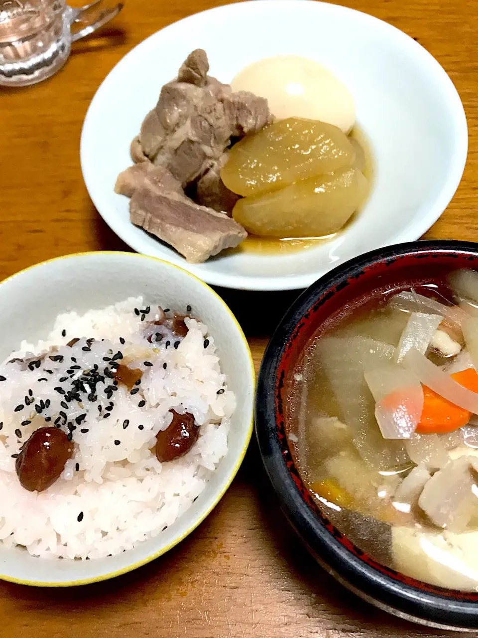 Snapdishの料理写真:#甘納豆
#お赤飯
#北海道
#豚汁
#大根と豚バラ肉かたまり
#ゆで卵半熟|みかんさん