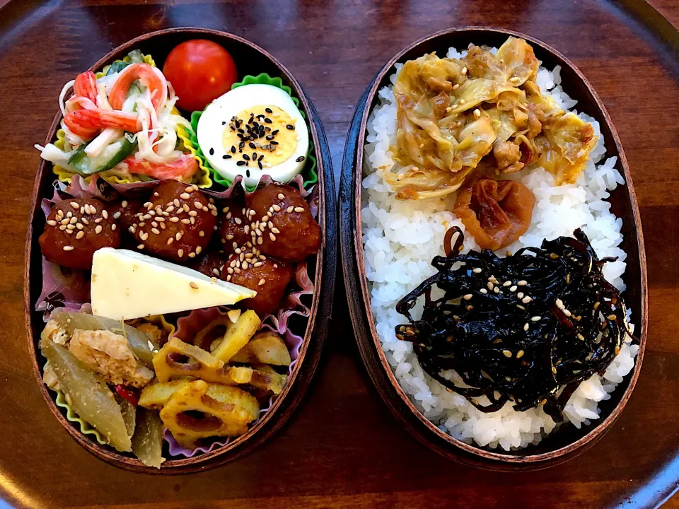 本日もお弁当🍱ミートボール🍗シーザーサラダ🥗チーズ🧀ゆで卵🍳蕗とお揚げさんのキンピラ🌰蓮根カレー風味 #息子弁当  #わっぱ弁当  #ミートボール  #シーザーサラダ  #チーズ  #ゆで卵  #ふき  #きんぴら  #蓮根 #札幌 #中島公園|Yukie  Toriseさん