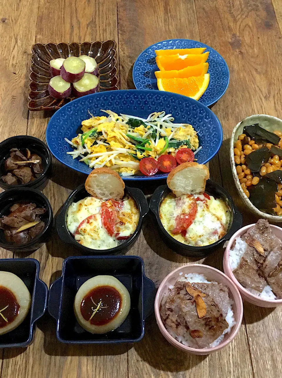 今日のこどもごはん〜鶏レバーの生姜煮〜ふろふき大根〜完熟トマトのチーズ焼き〜ほうれん草ともやしのふわふわ卵とじ〜黒毛和牛の焼肉💕|加藤よしえさん