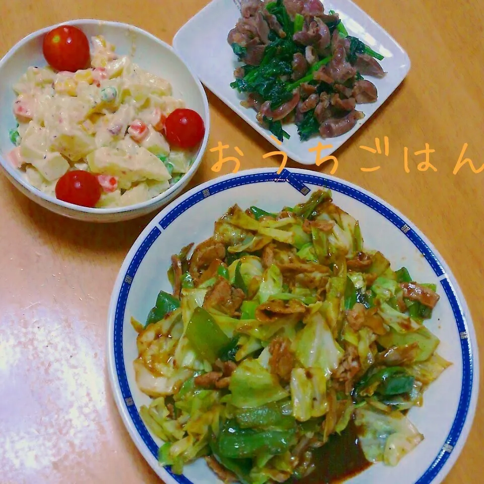 回鍋肉、砂肝炒め、梅味ポテトサラダ|姫と王子のママさん