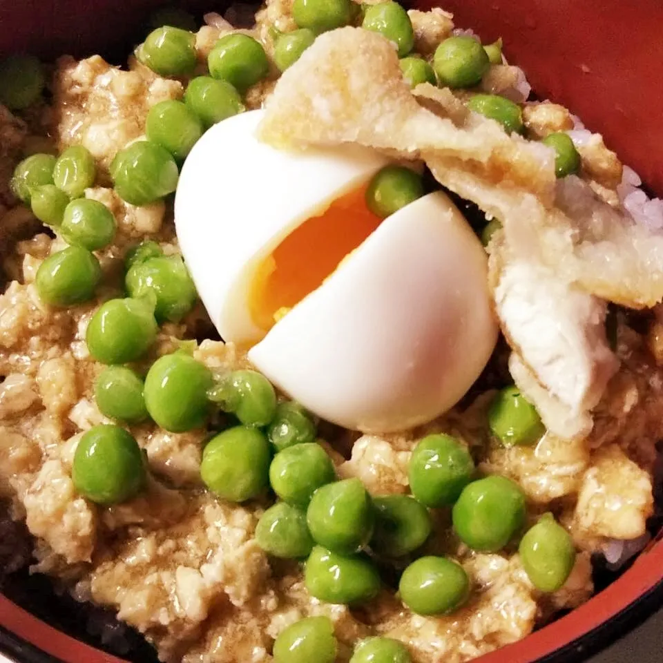 鶏そぼろ丼with 半熟卵&鶏皮カリカリ 又の名を三色丼|きょうさん