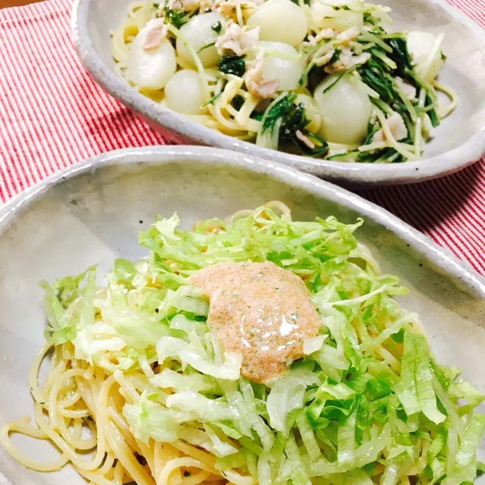 明太子とレタスのパスタ&蕪と豚の豆乳クリームパスタ|インコ夫人さん