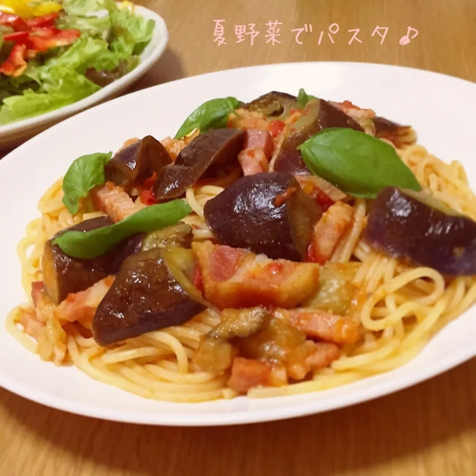 ナスとトマトとベーコンのパスタ♡|まーちゃんさん