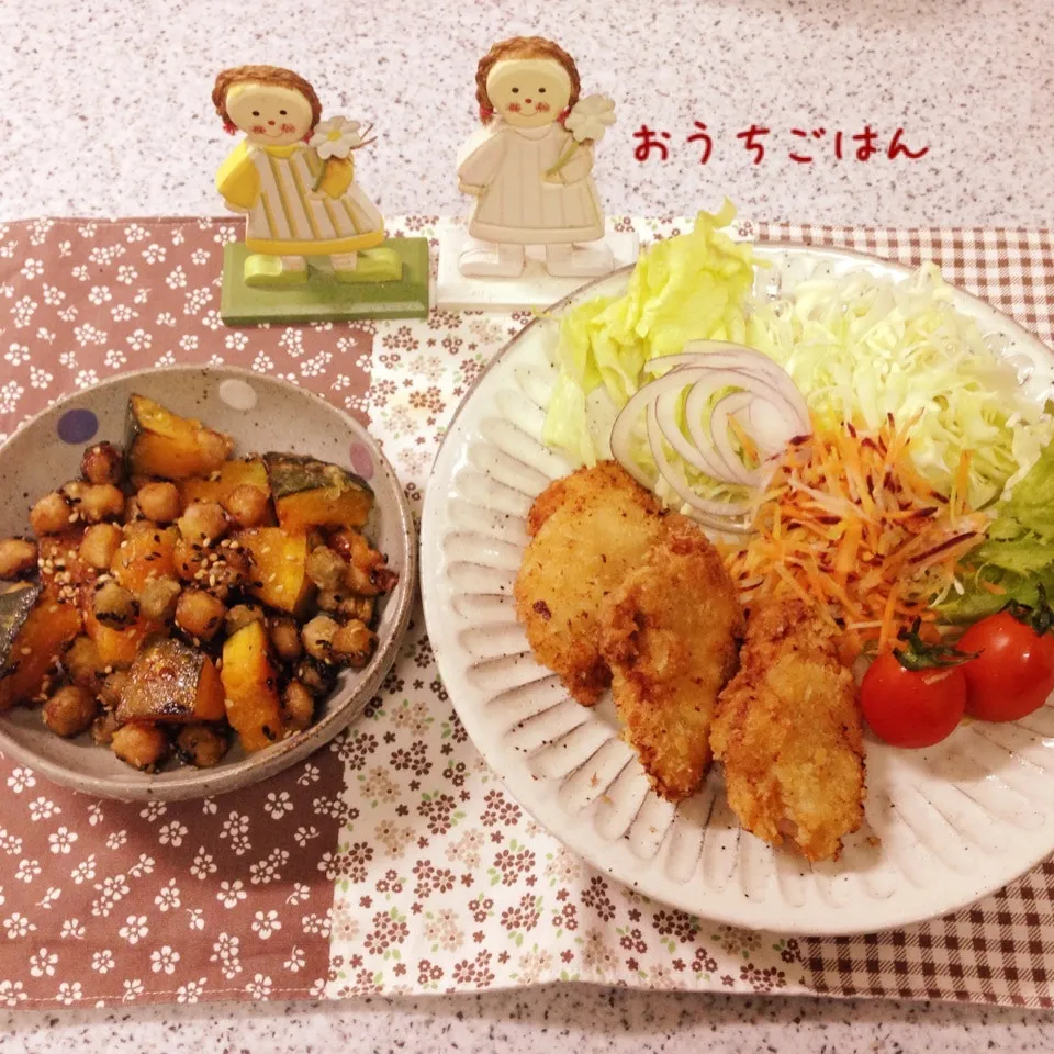 今日の夕食😊豚カツと、かのりちゃんのかぼちゃと大豆の甘辛煮|naonaomimichanさん