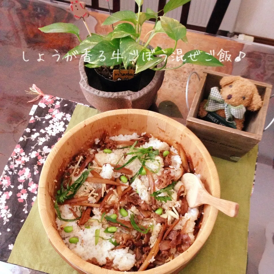 Snapdishの料理写真:akeminさん♡の新生姜香る牛ごぼう混ぜご飯♪|naonaomimichanさん