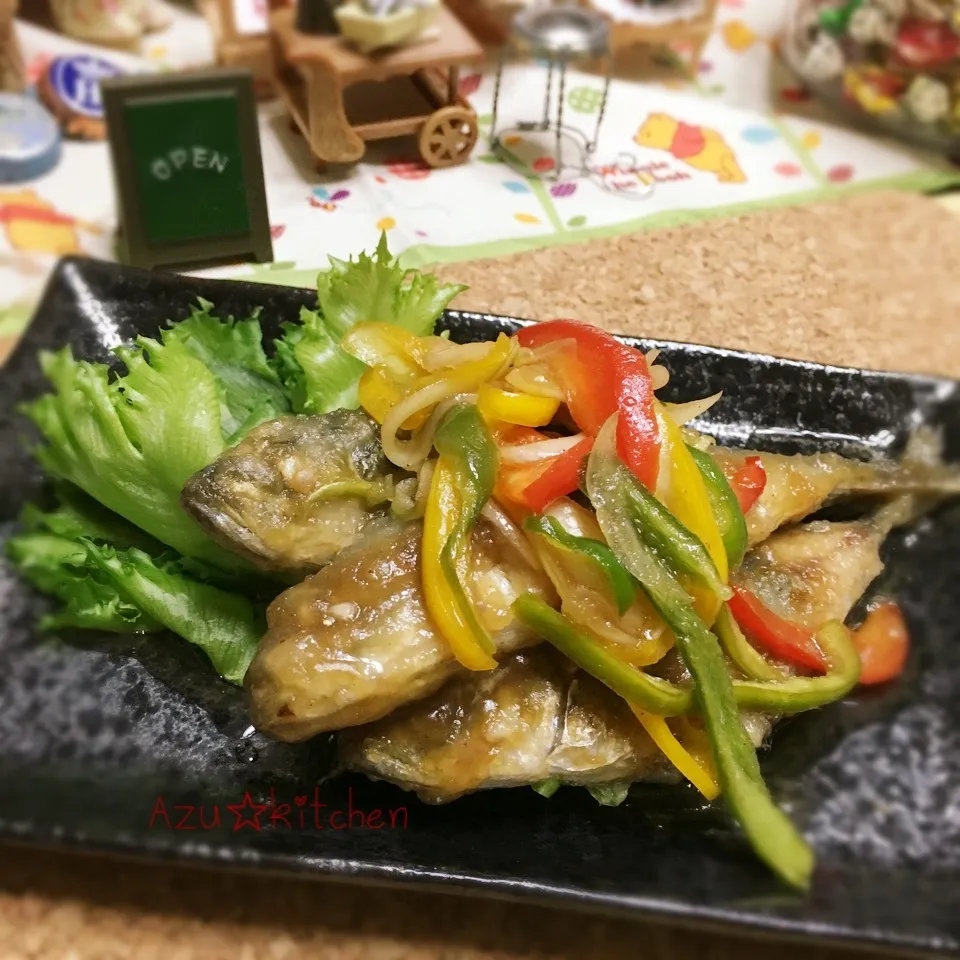 Snapdishの料理写真:＊akane＊ちんの真似っこ♡鯵のカラフル南蛮♪|あずさん