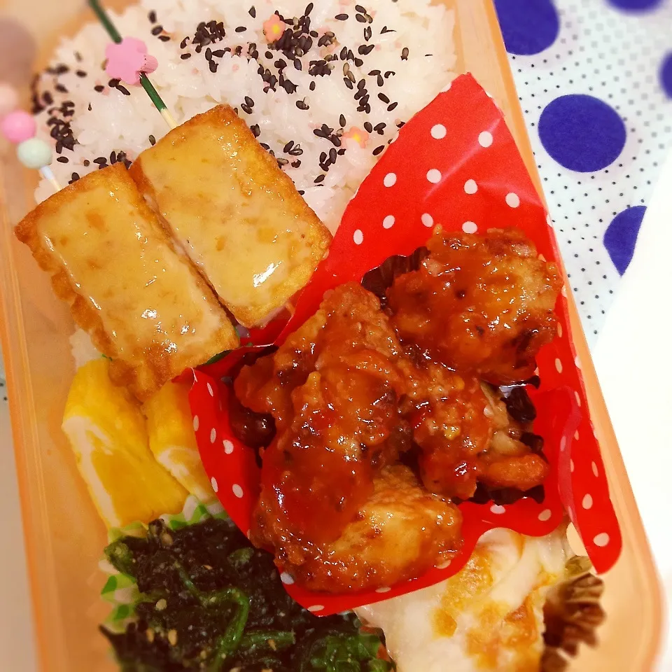 1/16 唐揚げリメイク鶏チリ弁当|ちゃーごさん