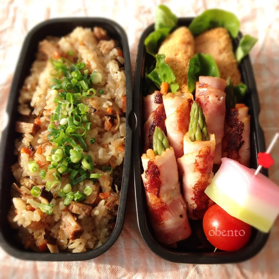 Snapdishの料理写真:パパ弁当＊中華おこわ＊アスパラベーコン＊ひしもち♫|＊ゆき＊さん