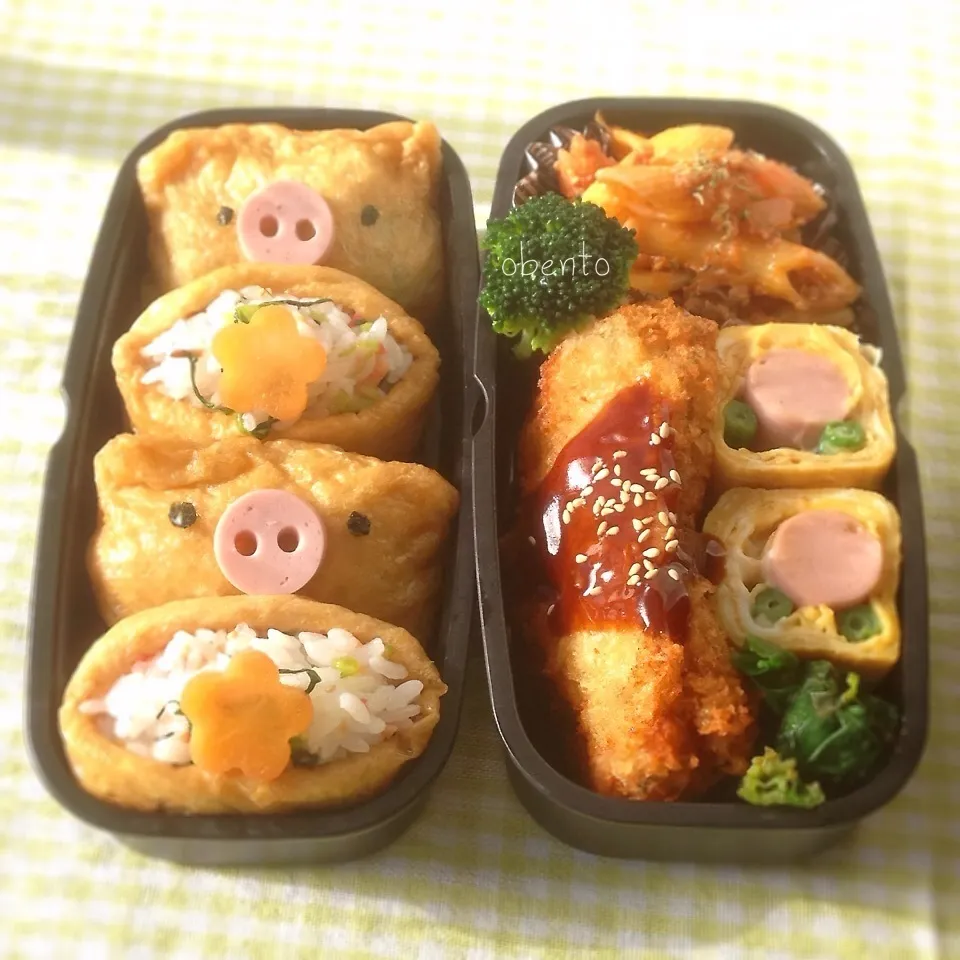 主人のお弁当＊ぶたさん稲荷＊鱈のフライ♫|＊ゆき＊さん