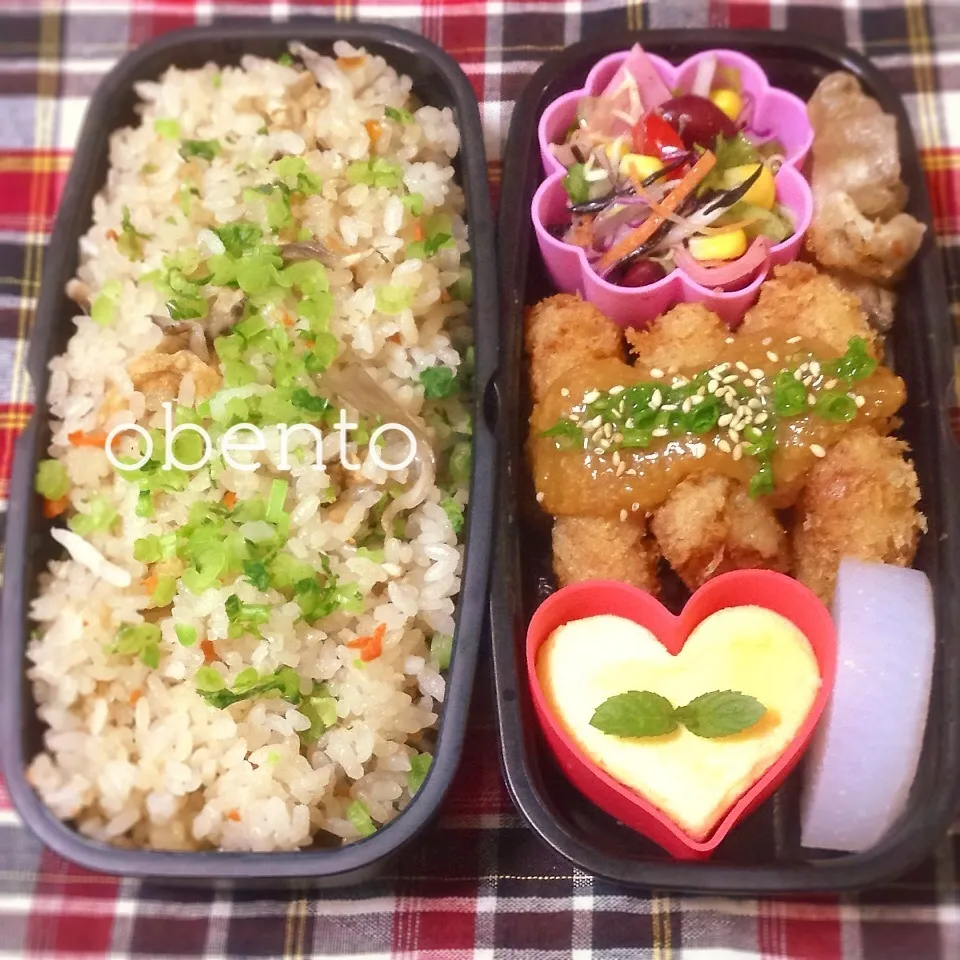 Snapdishの料理写真:主人のお弁当＊味噌カツ＊舞茸ごはん＊スフレチーズケーキ♡|＊ゆき＊さん