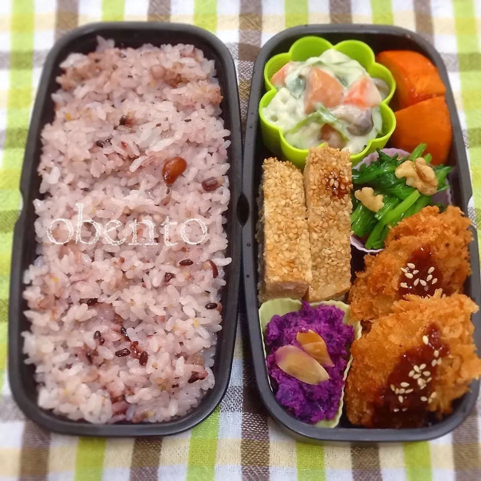 主人のお弁当＊のし鶏＊カキフライ＊紫芋サラダなどのお弁当♫|＊ゆき＊さん