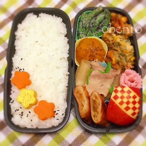 主人のお弁当＊えびプリはんぺん＊豚バラ大根＊春巻きなど♫|＊ゆき＊さん