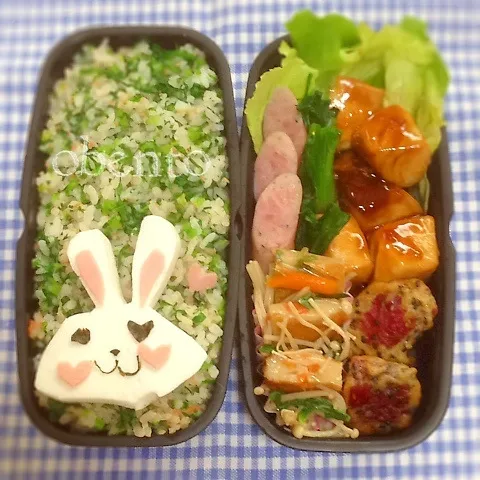 愛娘の作ったうさちゃんで、主人のお弁当＊かんぱちの照焼き♡|＊ゆき＊さん